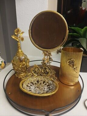 Vintage 1950s 4 Piece Matson Hollywood Regency Gold Ormulo Vanity Set